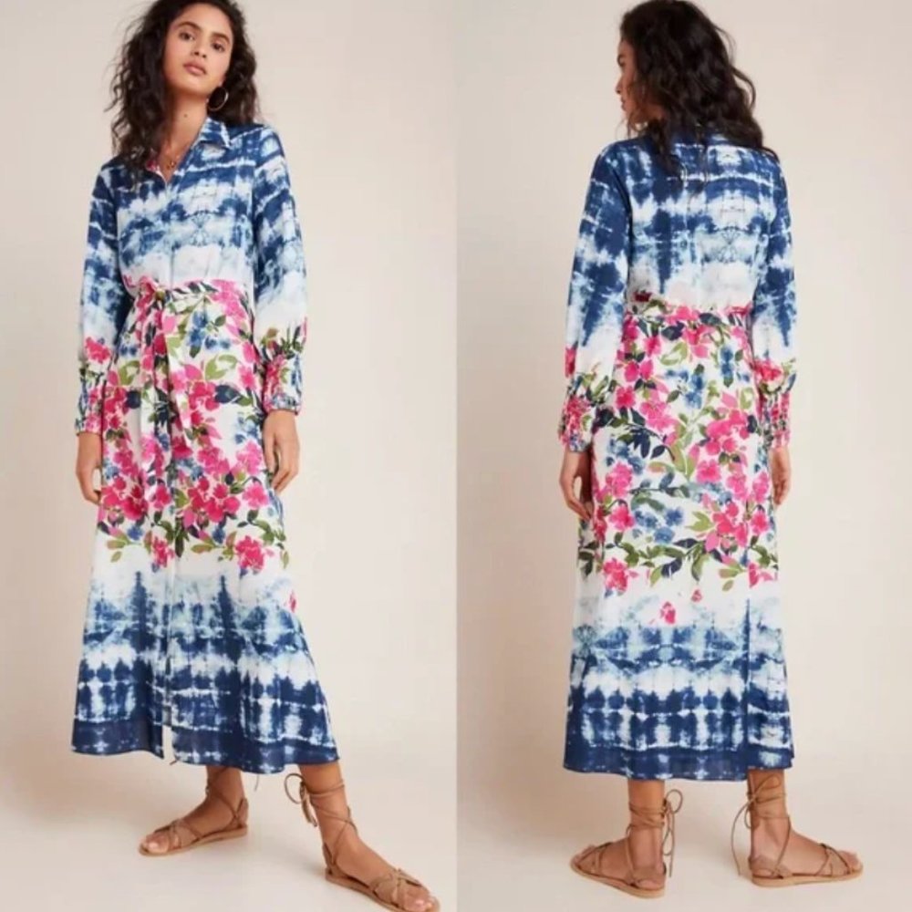 MISA floral tie dye BETTINA NWOT Smocked Tie-Waist Midi Dress XS Shirtdress $510 - Picture 3 of 9